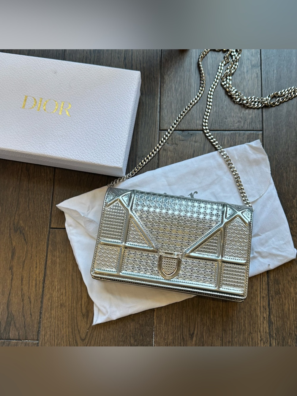 Christian Dior Diorama Wallet on Chain Cannage Embossed Calfskin Silver